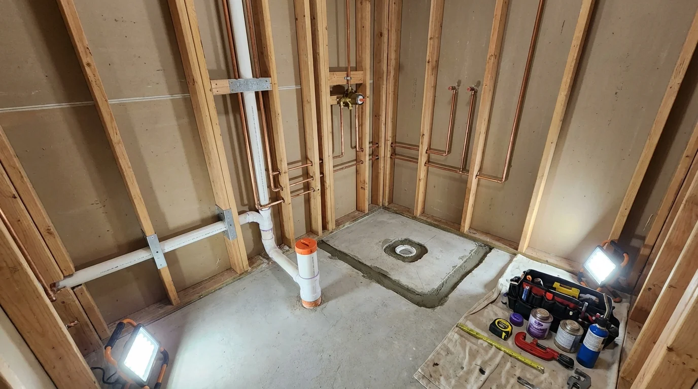 Bathroom rough-in plumbing during remodel by Johns Plumbing LLC in Cambridge Springs