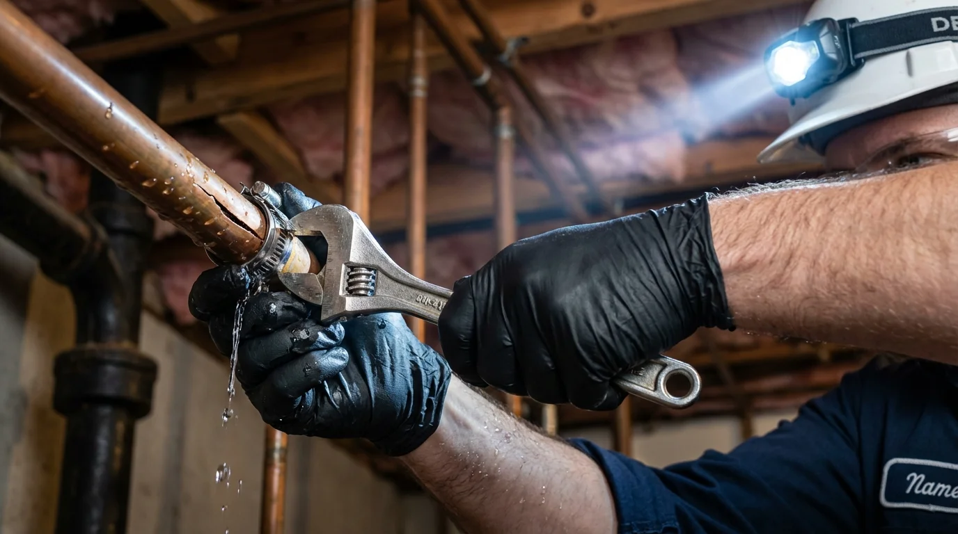 Emergency pipe clamp repair being performed by a Johns Plumbing LLC plumber in Cambridge Springs