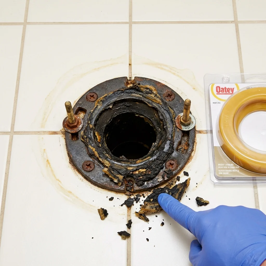 Failed wax ring showing water seepage at the base of a toilet in a Cambridge Springs, PA home