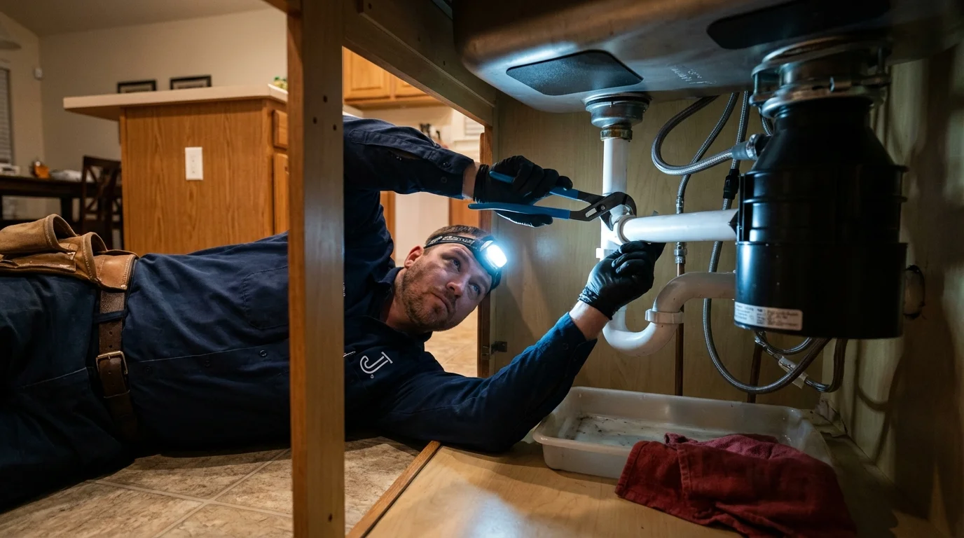 P-trap and supply line connections under a kitchen sink showing a common leak point in Cambridge Springs, PA